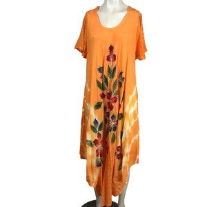 SAKKAS - WOMEN'S ONE SIZE - ORANGE EMBROIDERED PAINTED FLORAL CAP SLEEVE DRESS
